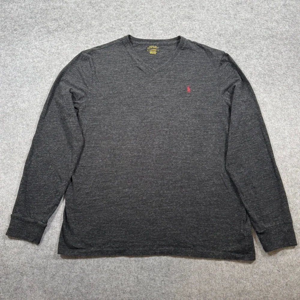 Polo Ralph Lauren Long Sleeve T-Shirt Mens Charcoal Large V-Neck Heathered Pony - Picture 2 of 9